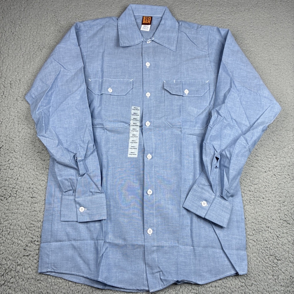 Vintage Big Ben Work Shirt Men's Small Blue Chambray Long Sleeve NOS USA Made